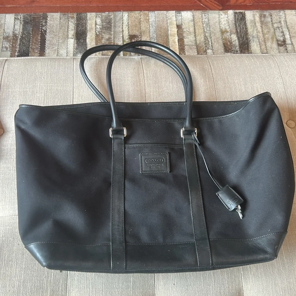 Coach Canvas Black Tote Leather Trim Double Zipper Weekender Bag